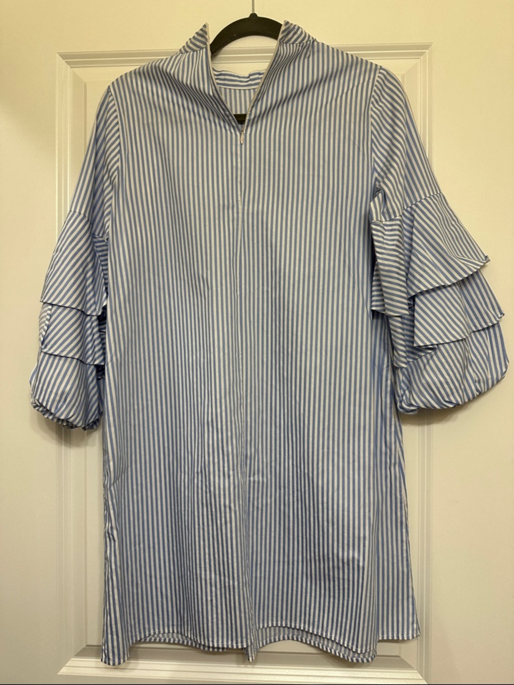 Zara basic collection Blue and White Striped Ruffle Sleeve Dress- Size Medium - Picture 3 of 4